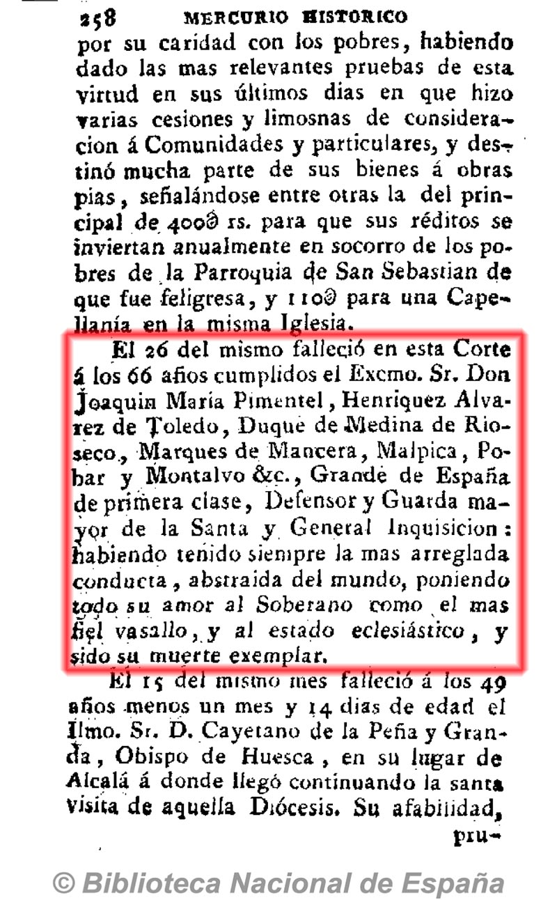 Mercurio de España 26/11/1792, página 8. Fallecimiento de D. Joaquín María Enríquez de Pimentel y Toledo, Dávila Zúñiga y Barroso de Ribera, VII marqués de Malpica