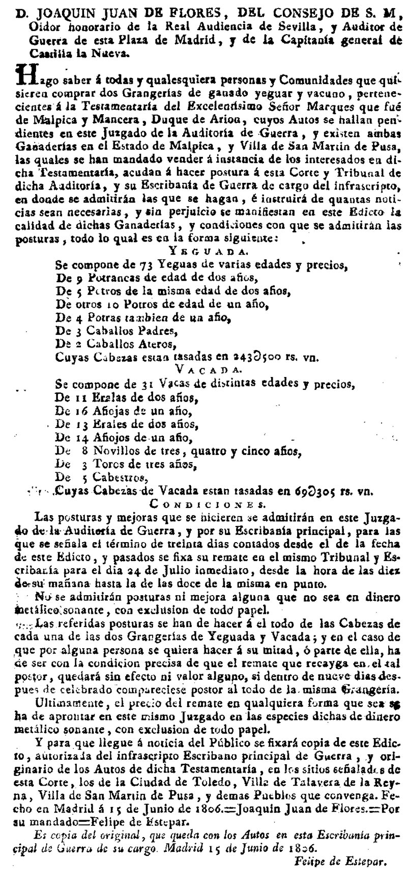 Diario de Madrid 19/6/1806, página 2. Subasta testamentaria  de las yeguadas y vacadas de Valdepusa.