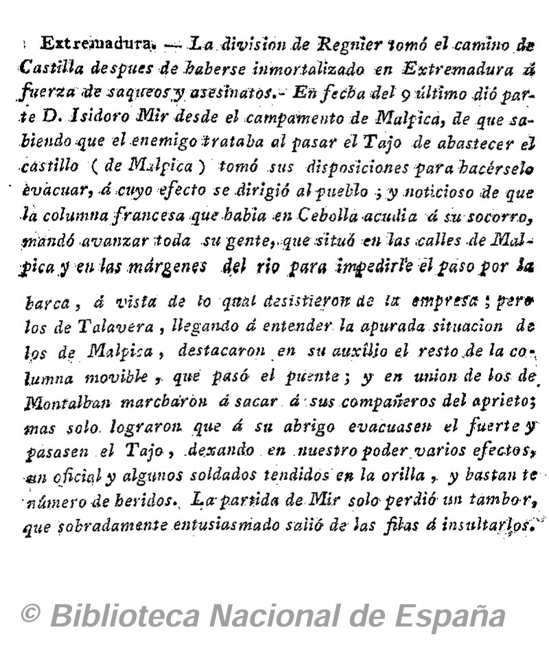 El Observador 3/8/1810, n.º 5, página 20. Enfrentamientos en los alrededores de Malpica