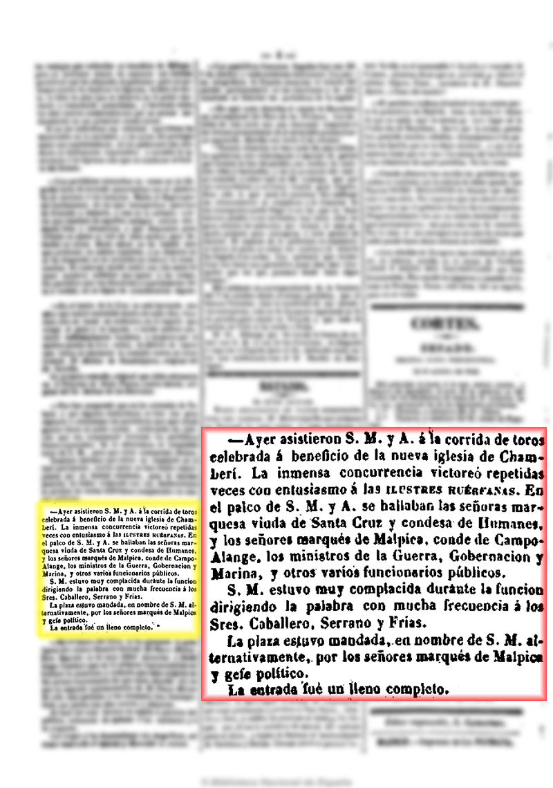 La Posdata 13/10/1843, página 4, la reina y su hermana en una corrida de toros