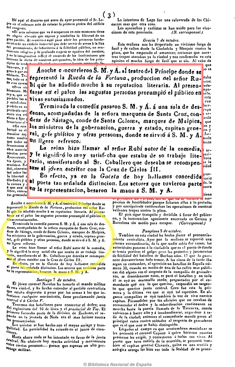 Diario constitucional de Palma 24/10/1843, página 3. La reina en el teatro