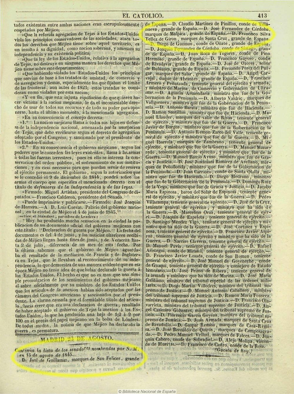 El Católico 23/8/1845. Nombramiento de senadores vitalicios