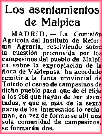 Asentamientos en la Comunidad de Campesinos de Malpica de Tajo- El Castellano (08/03/1934)