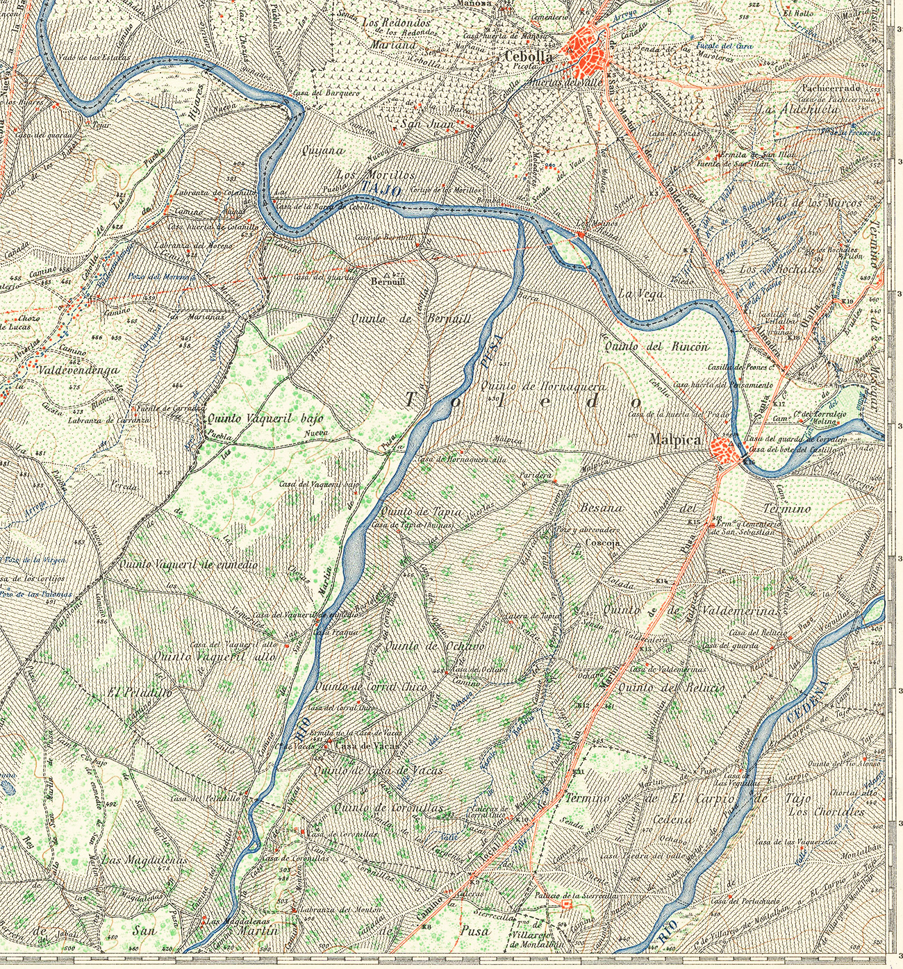 Recorte del mapa de la comarca de Talavera de la Reina elaborado por la Dirección general del Instituto Geográfico y Catastral en el año 1945