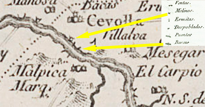 Detalle del mapa general de Tomás López sobre la provincia de Toledo, de 1768, en el que se señala un molino corriente a bajo de la barca