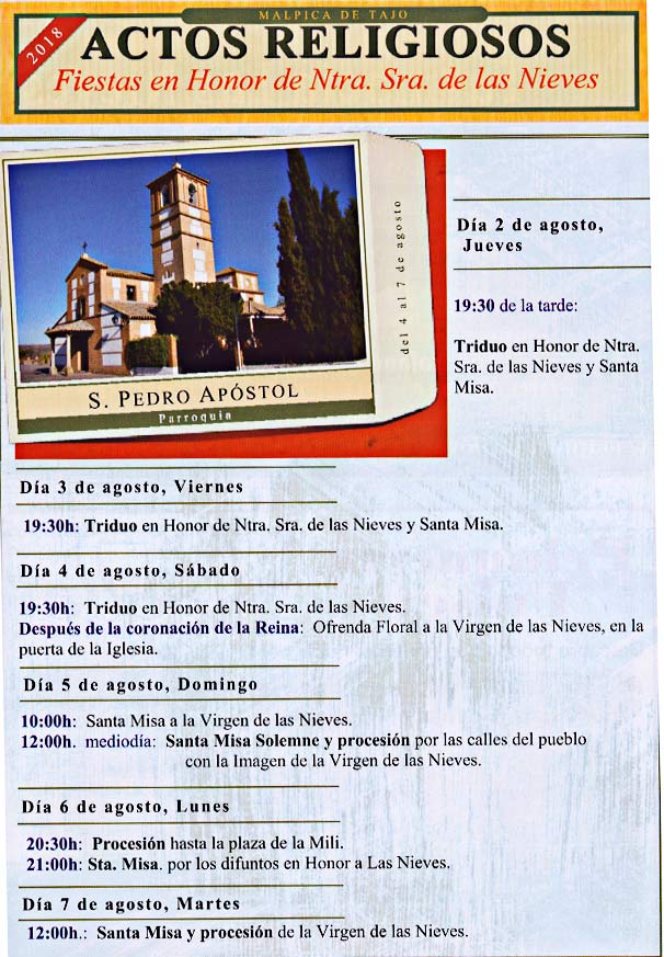 Programa de los actos religiosos de las fiestas de la Nieves 2018 Malpica de Tajo