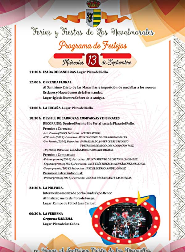 Programa de las fiestas en honor al Stmo. Cristo de las Maravillas en Los Navalmorales (13 al 17 de Septiembre de 2017)