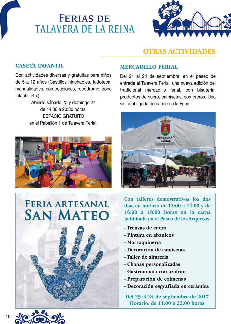 Programa de las fiestas en honor a San Mateo 2017 en Talavera de la Reina (otras actividades: Caseta infantil, mercadillo y feria artesanal )