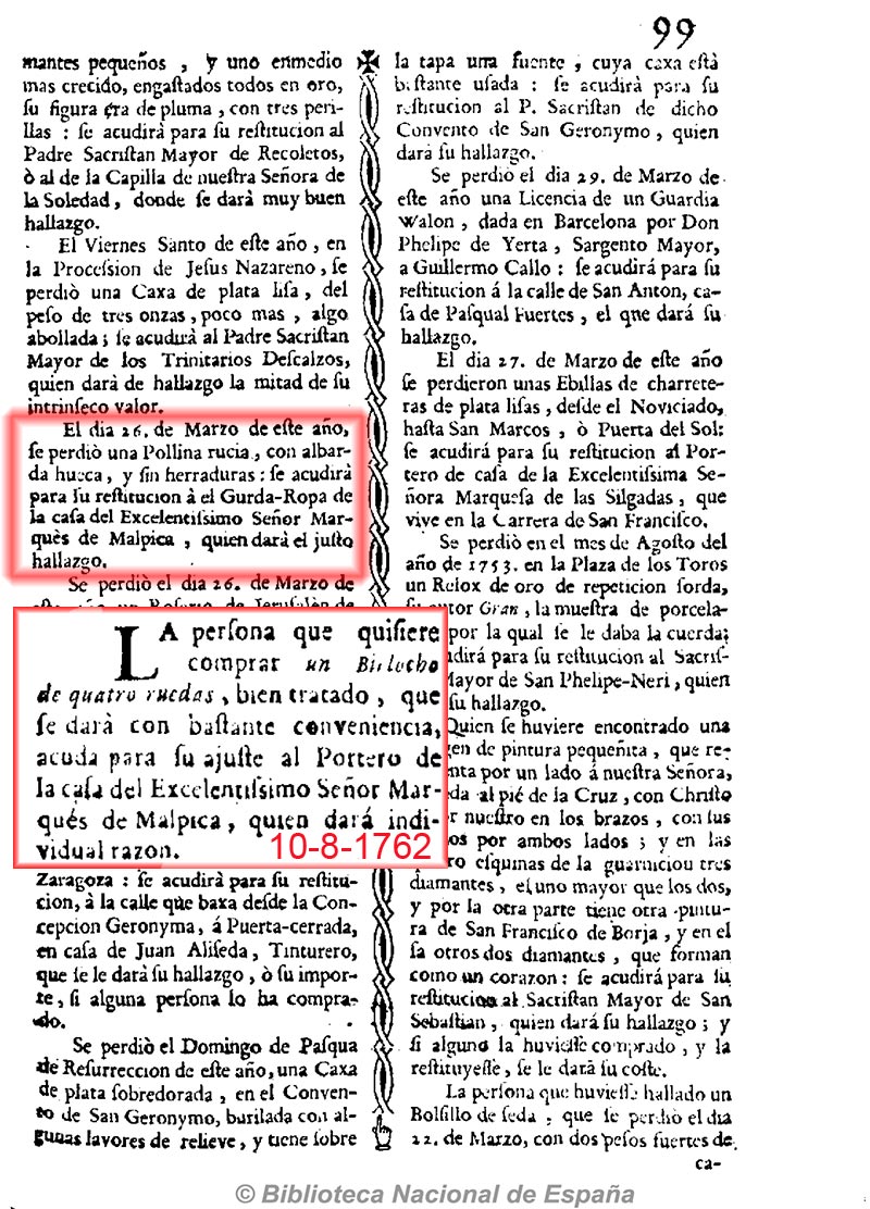 Diario noticioso, curioso, erudito y comercial público y económico 1/4/1758 página 3. Perdida de una pollina y en 1762 venta de birlocho Diario noticioso, curioso, erudito y comercial público y económico 1/4/1758 página 3. Perdida de una pollina y en 1762 venta de birlocho