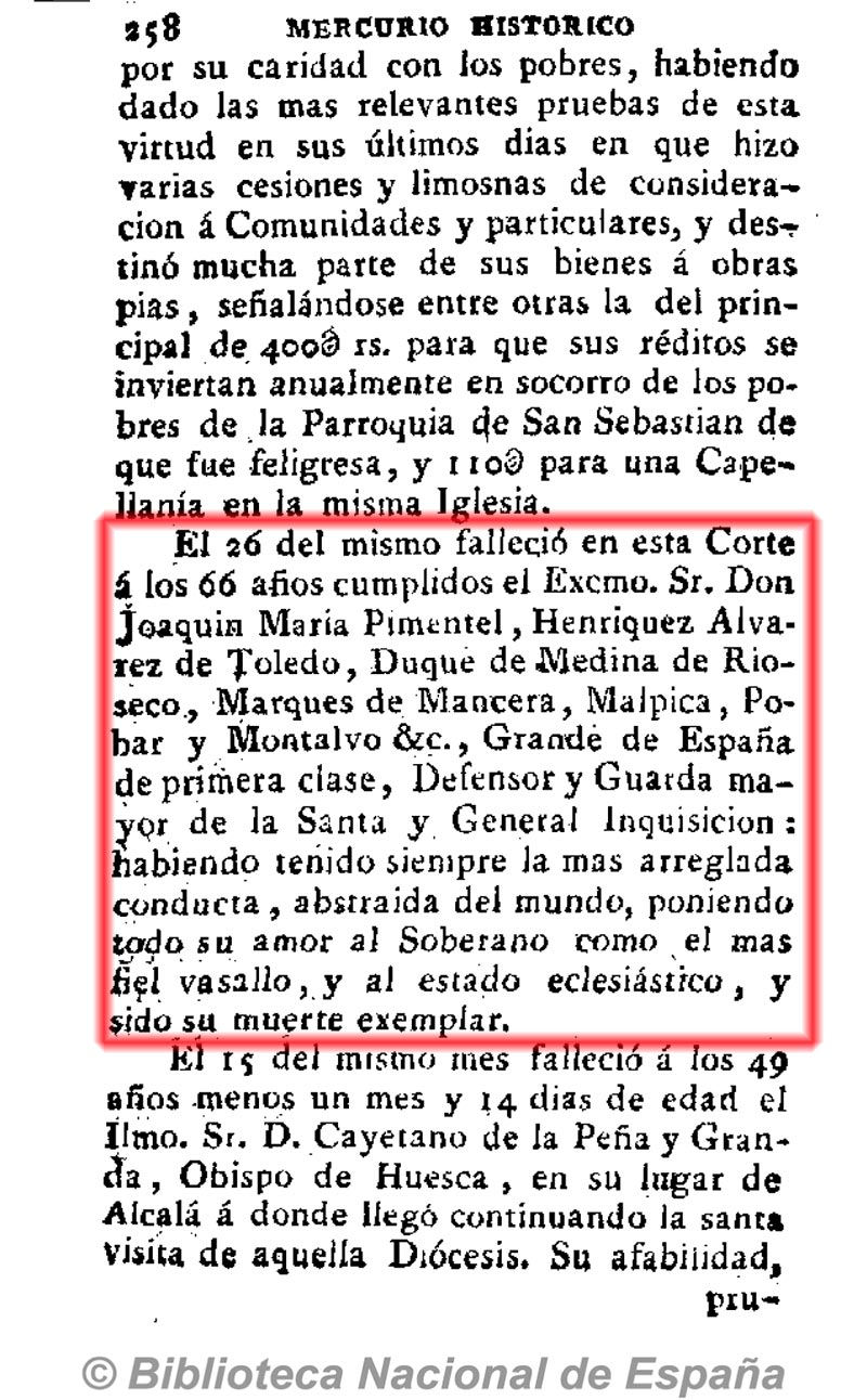 Mercurio de España 26/11/1792, página 8. Fallecimiento de D. Joaquín María Enríquez de Pimentel y Toledo, Dávila Zúñiga y Barroso de Ribera, VII marqués de Malpica Mercurio de España 26/11/1792, página 8. Fallecimiento de D. Joaquín María Enríquez de Pimentel y Toledo, Dávila Zúñiga y Barroso de Ribera, VII marqués de Malpica