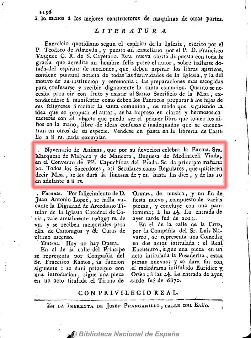 Diario de Madrid 19/10/1794_página 3. Misa de ánimas en honor de los familiares de la marquesa de Malpica Diario de Madrid 19/10/1794_página 3. Misa de ánimas en honor de los familiares de la marquesa de Malpica
