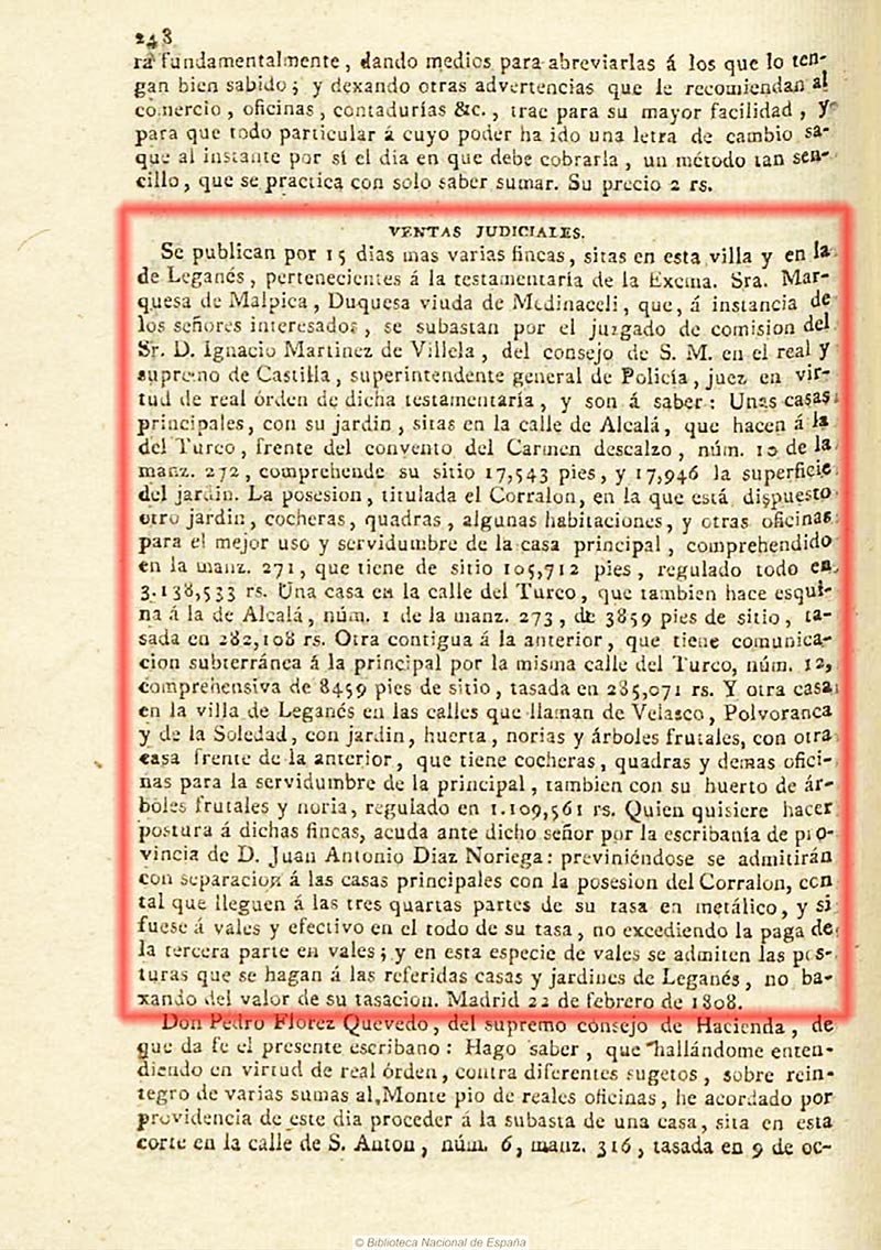Diario de Madrid 25/2/1808, página 4. Segunda subasta testamentaria de parte de la herencia de la Sra Marquesa de Malpica Diario de Madrid 25/2/1808, página 4. Segunda subasta testamentaria de parte de la herencia de la Sra Marquesa de Malpica