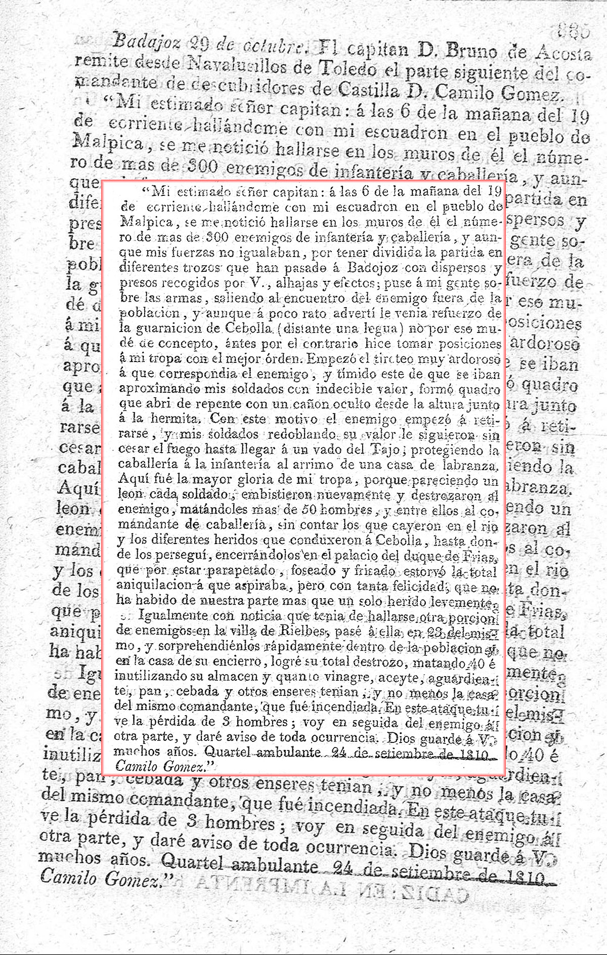 Gaceta de la regencia 8/10/1810. Relato de Camilo Gómez de sus enfrentamientos con los franceses en los alrededores de Malpica Gaceta de la regencia 8/10/1810. Relato de Camilo Gómez de sus enfrentamientos con los franceses en los alrededores de Malpica