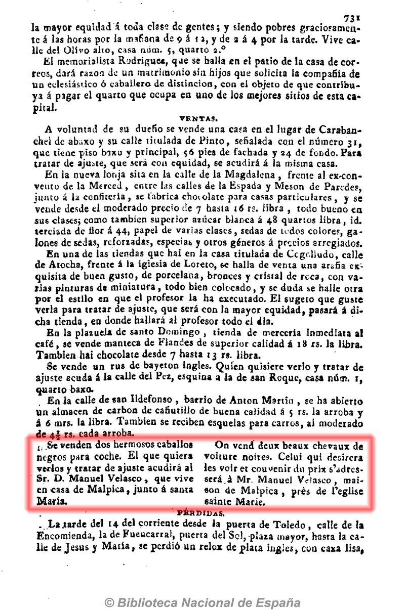 Diario de Madrid 28/12/1811 página 3. Venta de dos caballos en la casa de Malpica Diario de Madrid 28/12/1811 página 3. Venta de dos caballos en la casa de Malpica