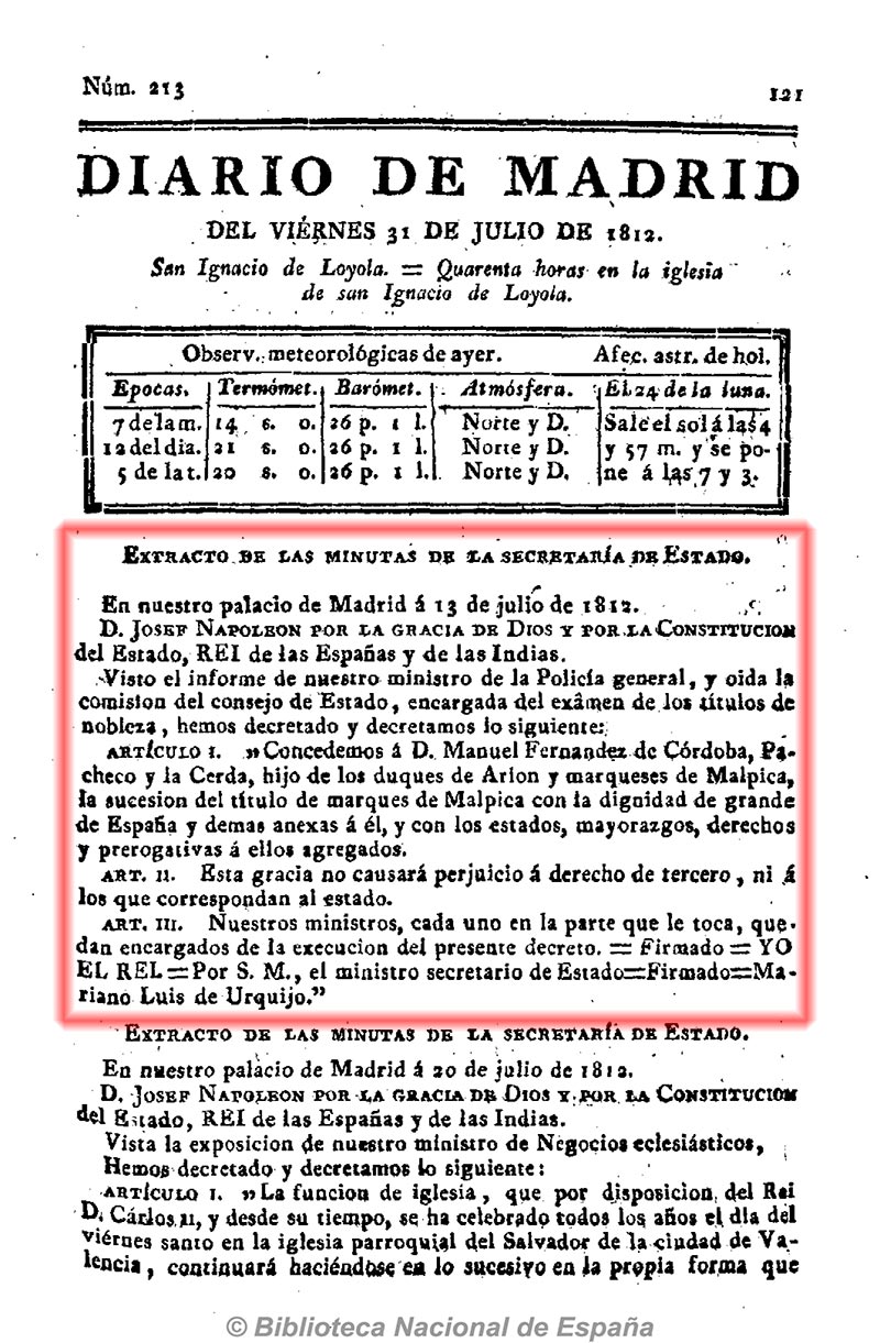 Concesión de los títulos y herencia de la casa por José Napoleón a Manuel Fdez. de Córdoba Pacheco y la Cerda Concesión de los títulos y herencia de la casa por José Napoleón a Manuel Fdez. de Córdoba Pacheco y la Cerda