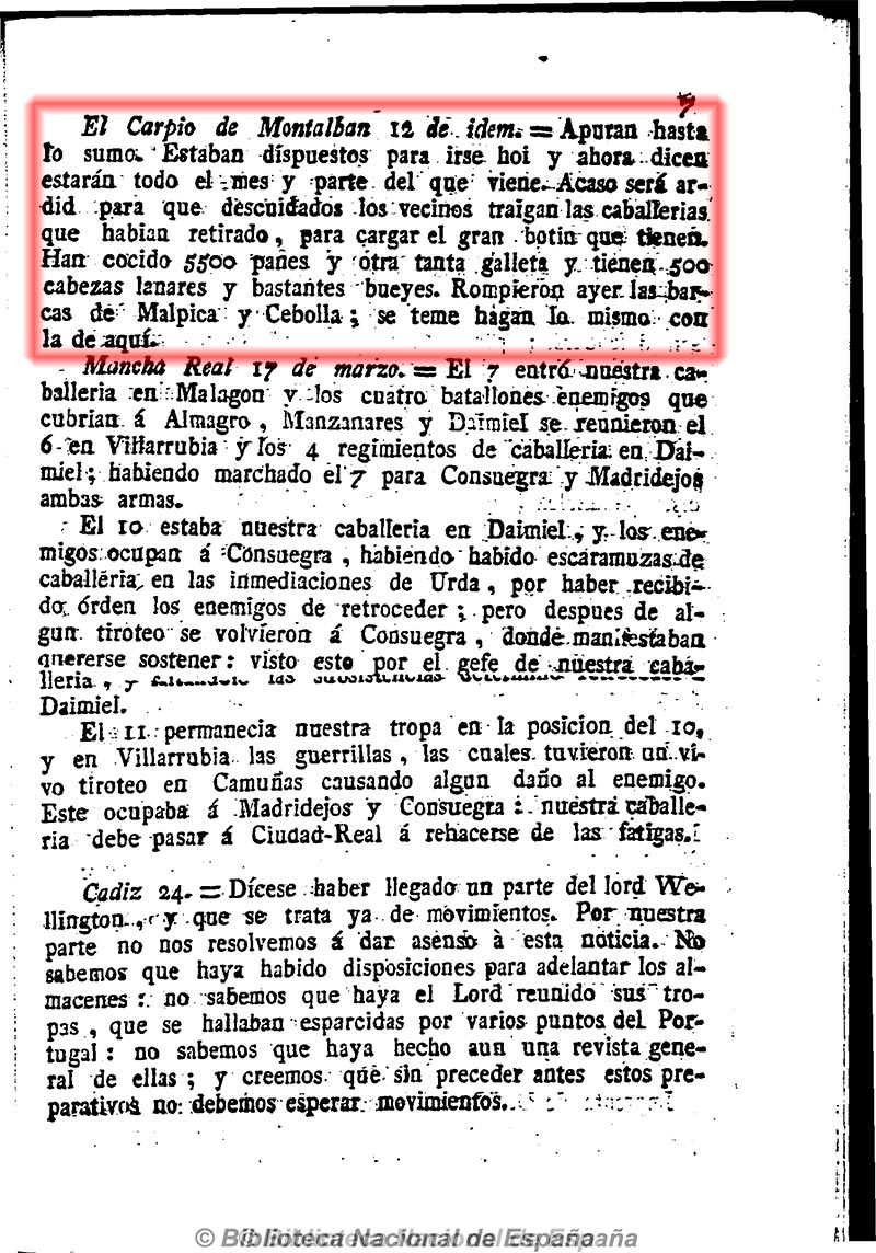 El Conciso (Cádiz) 25/3/1813, página 7. Parte de la guerra de la Independencia El Conciso (Cádiz) 25/3/1813, página 7. Parte de la guerra de la Independencia