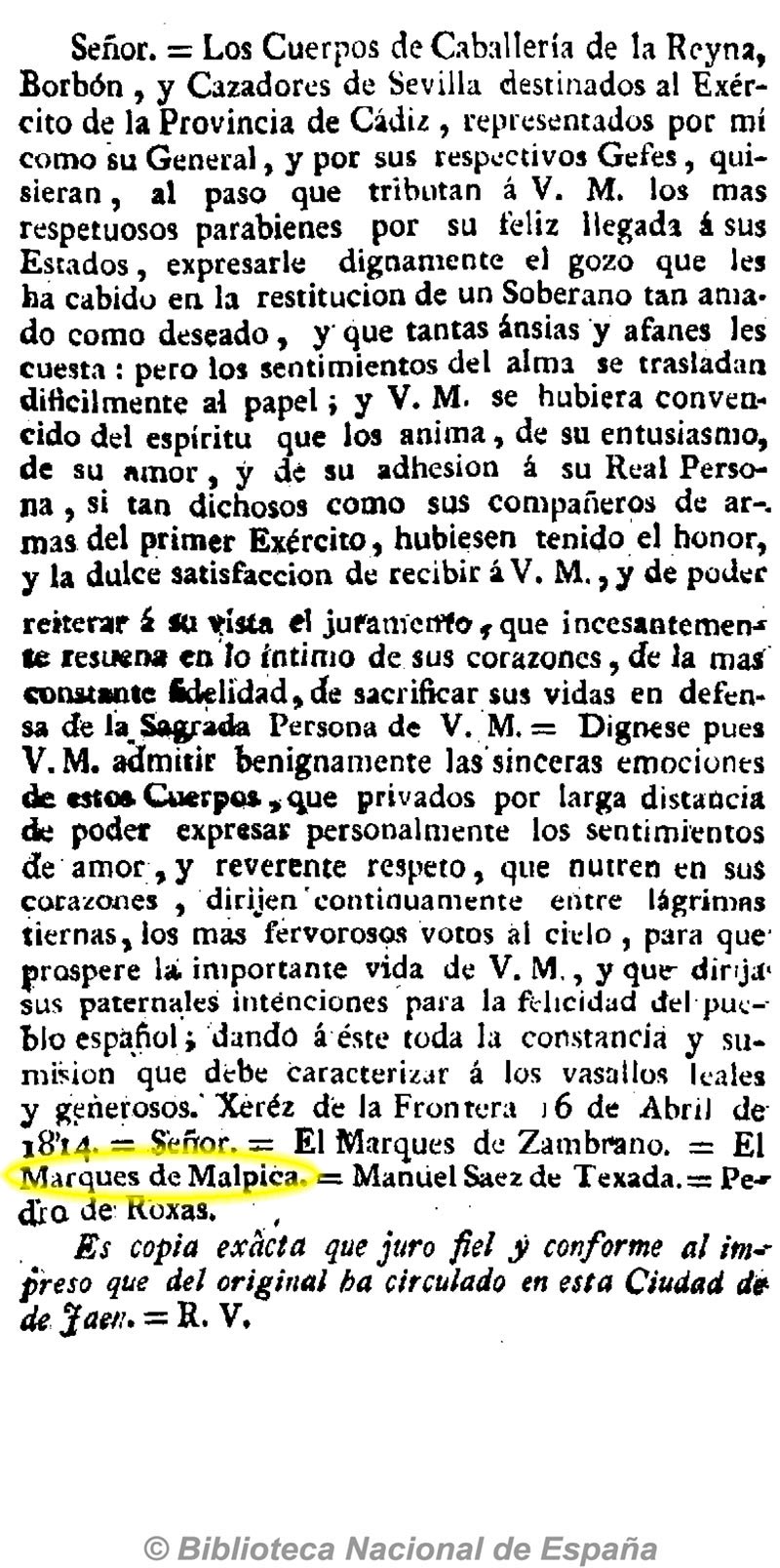El Procurador general de la nación y del rey 5/5/1814 página5 y 6. Felicitación de los cuerpos de Caballería de la Reina, Borbón y Cazadores de Sevilla destinados en Cádiz al regreso de Fernando VII El Procurador general de la nación y del rey 5/5/1814 página5 y 6. Felicitación de los cuerpos de Caballería de la Reina, Borbón y Cazadores de Sevilla destinados en Cádiz al regreso de Fernando VII