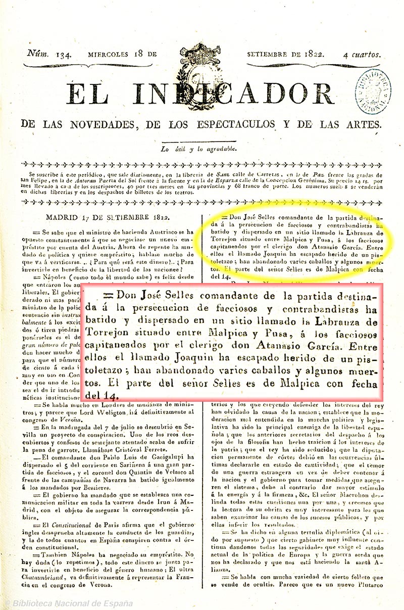 El Indicador de los espectáculos y del buen gusto 18/9/1822, n.º 134, página 1. Enfrentamiento de la Guerra carlista en el Torrejon. El Indicador de los espectáculos y del buen gusto 18/9/1822, n.º 134, página 1. Enfrentamiento de la Guerra carlista en el Torrejon.