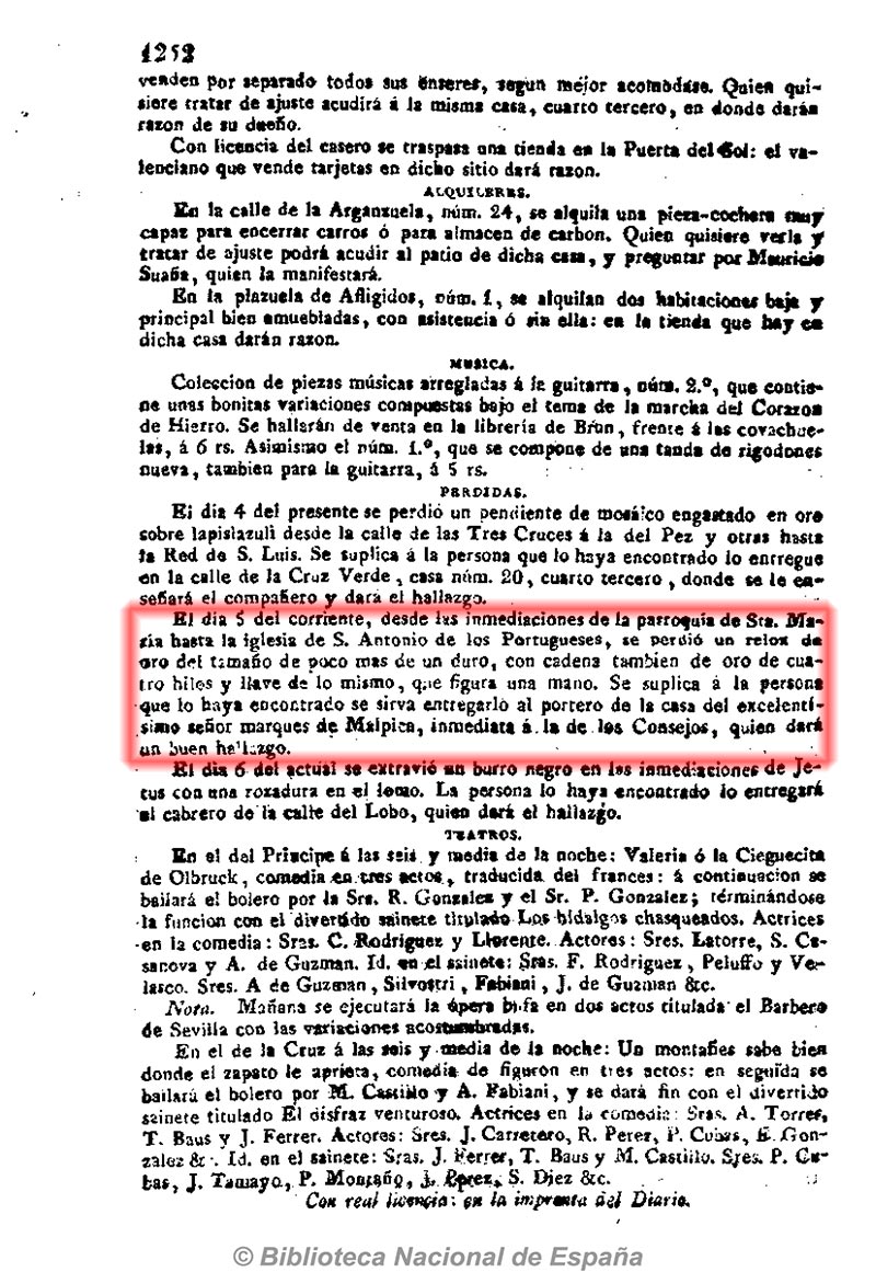Diario de avisos de Madrid 9-11-1826, _página 4. Pérdida de un reloj de oro Diario de avisos de Madrid 9-11-1826, _página 4. Pérdida de un reloj de oro
