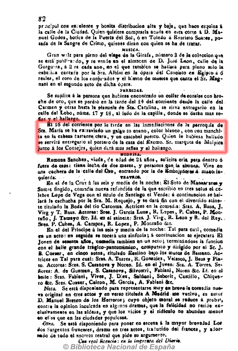 Diario de avisos de Madrid 21-1-1828, página 4. Perdida de un galgo. Diario de avisos de Madrid 21-1-1828, página 4. Perdida de un galgo.