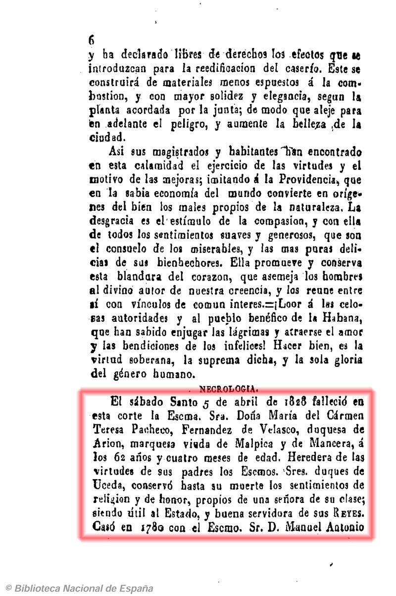 Fallecimiento de la Excma. Sra. Doña María del Carmen Teresa Pacheco, Fernández de Velasco y Zúñiga, duquesa de Arión Fallecimiento de la Excma. Sra. Doña María del Carmen Teresa Pacheco, Fernández de Velasco y Zúñiga, duquesa de Arión