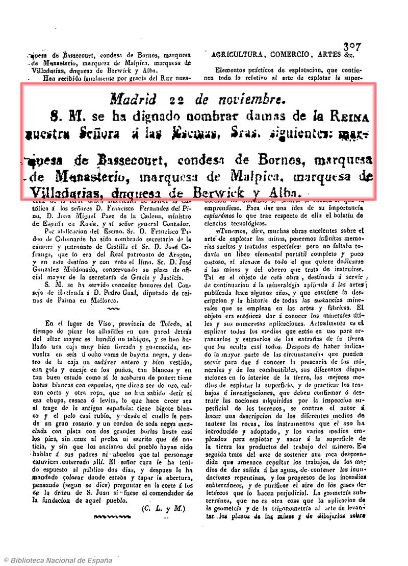 Nombramiento como dama de honor de la reina a Dña. María de la Encarnación Álvarez de las Asturias-Bohorques y Chacón, marquesa de Malpica Nombramiento como dama de honor de la reina a Dña. María de la Encarnación Álvarez de las Asturias-Bohorques y Chacón, marquesa de Malpica