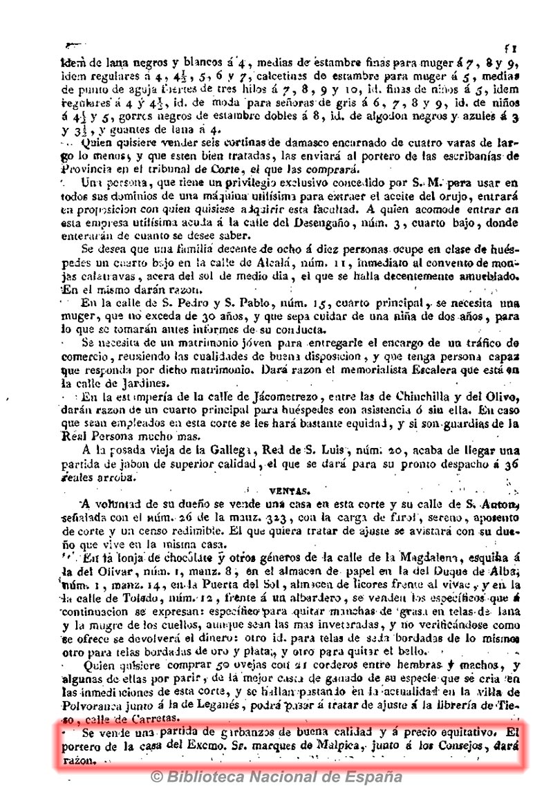 Diario de avisos de Madrid 13/1/1830, página 3. Venta de una partida de buenos garbanzos en la casa del marqués de Malpica Diario de avisos de Madrid 13/1/1830, página 3. Venta de una partida de buenos garbanzos en la casa del marqués de Malpica