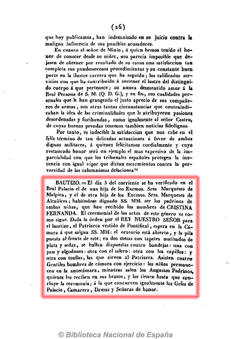 El Correo 16/12/1831, n.º 537, página 2. Bautizo de una de las hijas de los marqueses de Malpica. El Correo 16/12/1831, n.º 537, página 2. Bautizo de una de las hijas de los marqueses de Malpica.