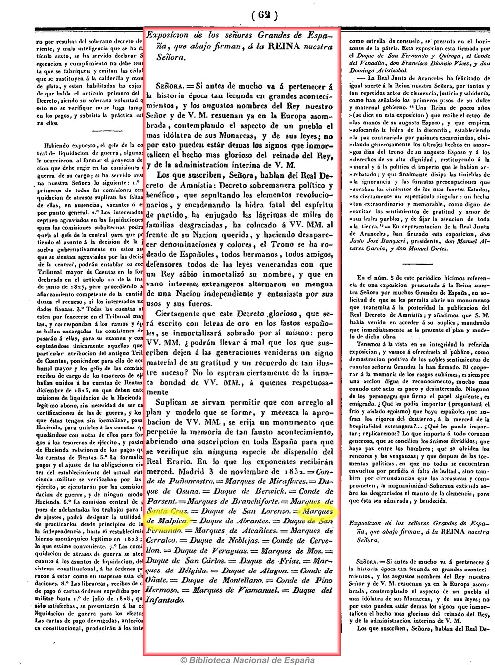 Elogio a la reina María Cristina por el decreto de amnistía. La Revista española 1/12/1832, página 6 y 7 Elogio a la reina María Cristina por el decreto de amnistía. La Revista española 1/12/1832, página 6 y 7