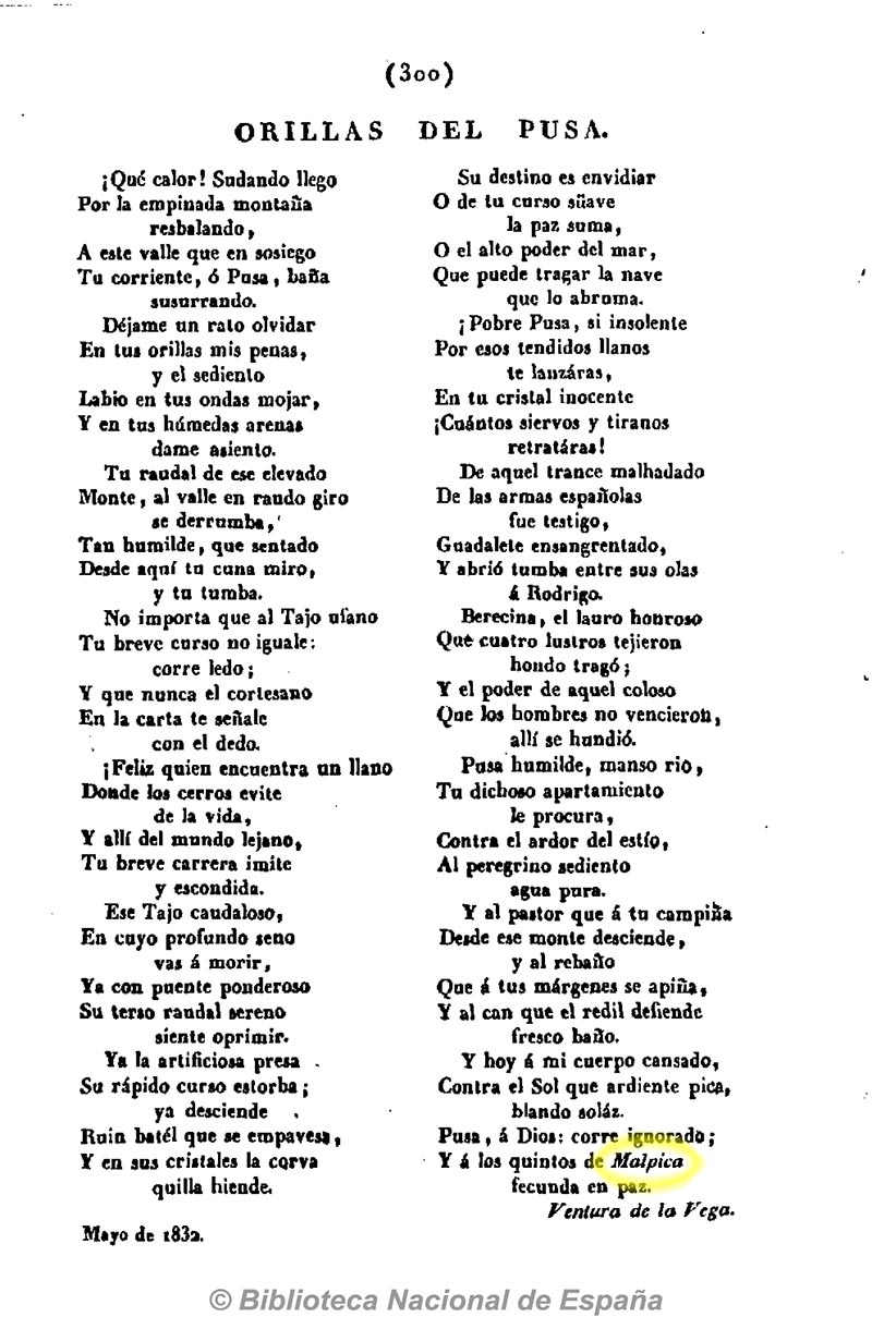 Cartas españolas 28/6/1832, página 306. Poema de Ventura de la Vega sobre el Pusa Cartas españolas 28/6/1832, página 306. Poema de Ventura de la Vega sobre el Pusa