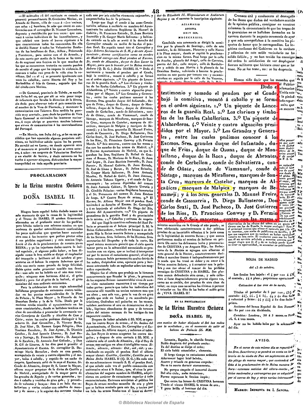 La Revista española 25/10/1833, página 4. Presencia del marqués de Malpica en la cabalgata del desfile de proclamación de la reina Isabel II La Revista española 25/10/1833, página 4. Presencia del marqués de Malpica en la cabalgata del desfile de proclamación de la reina Isabel II