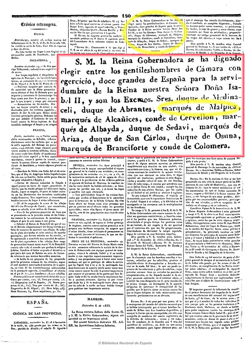 La Revista española 6/12/1833, página 2. Nombramientos por la reina regente María Cristina de la servidumbre de la reina Isabel II La Revista española 6/12/1833, página 2. Nombramientos por la reina regente María Cristina de la servidumbre de la reina Isabel II