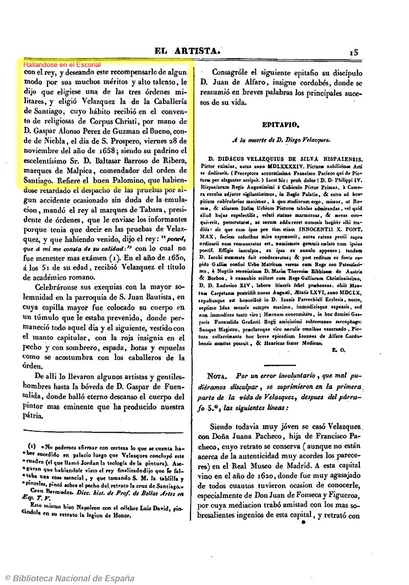 El Artista 1/1/1834, página 21. Admisión de Velázquez en la orden De Santiago El Artista 1/1/1834, página 21. Admisión de Velázquez en la orden De Santiago