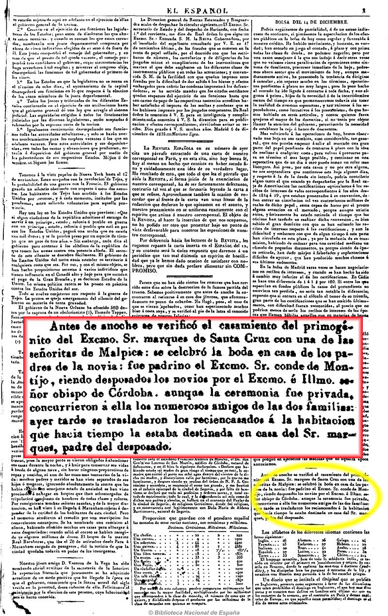 El Español (Madrid. 1835). 15/12/1835, n.º 45, página 3. Enlace de una de las hijas del marqués de Malpica El Español (Madrid. 1835). 15/12/1835, n.º 45, página 3. Enlace de una de las hijas del marqués de Malpica