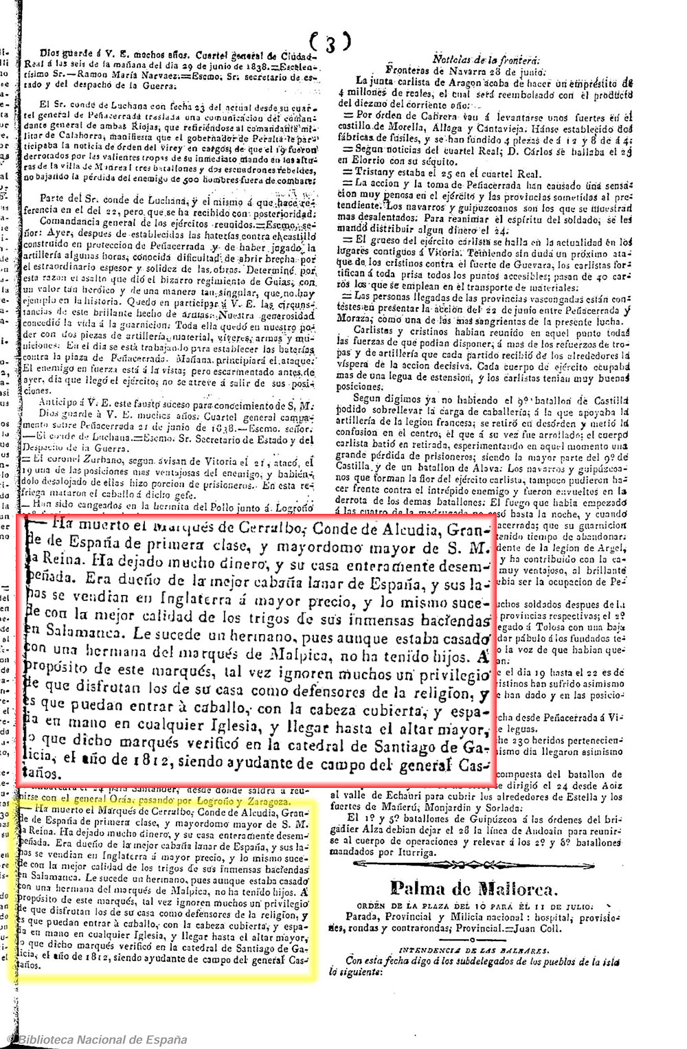1838_7_11_Diario-constitucionaldePalmadeMallorca_priilegiodelmarquesacaballo 1838_7_11_Diario-constitucionaldePalmadeMallorca_priilegiodelmarquesacaballo