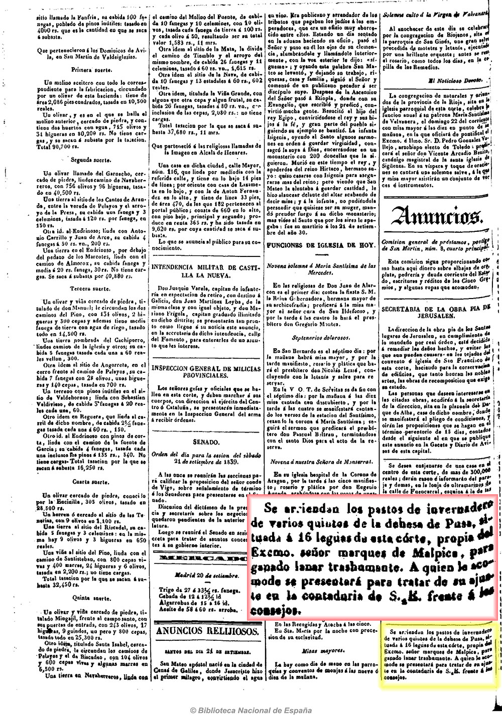 Diario de avisos de Madrid 1839_9_21_arriendopstosPusa Diario de avisos de Madrid 1839_9_21_arriendopstosPusa