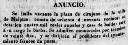1841 Anuncio de vacante de la plaza de cirujano en Malpica de Tajo 1841 Anuncio de vacante de la plaza de cirujano en Malpica de Tajo