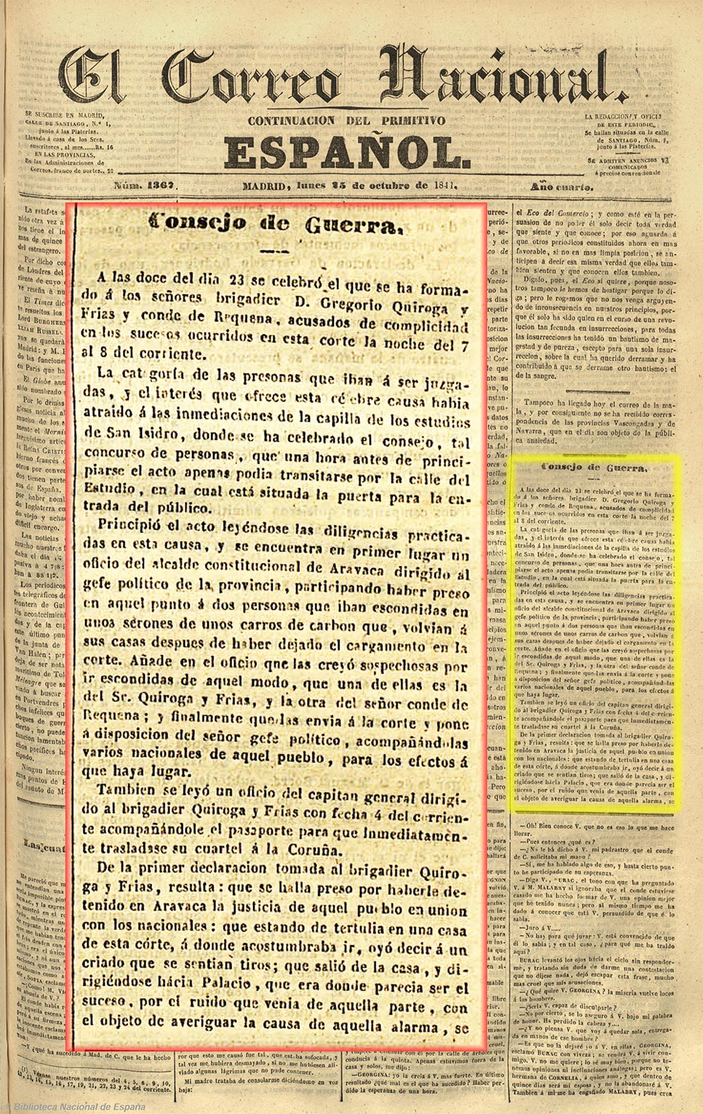 Consejo de guerra sobre los sucesos del 7 de octubre (asalto al Palacio Real). El correo nacional 25-10-1841, página 1 Consejo de guerra sobre los sucesos del 7 de octubre (asalto al Palacio Real). El correo nacional 25-10-1841, página 1