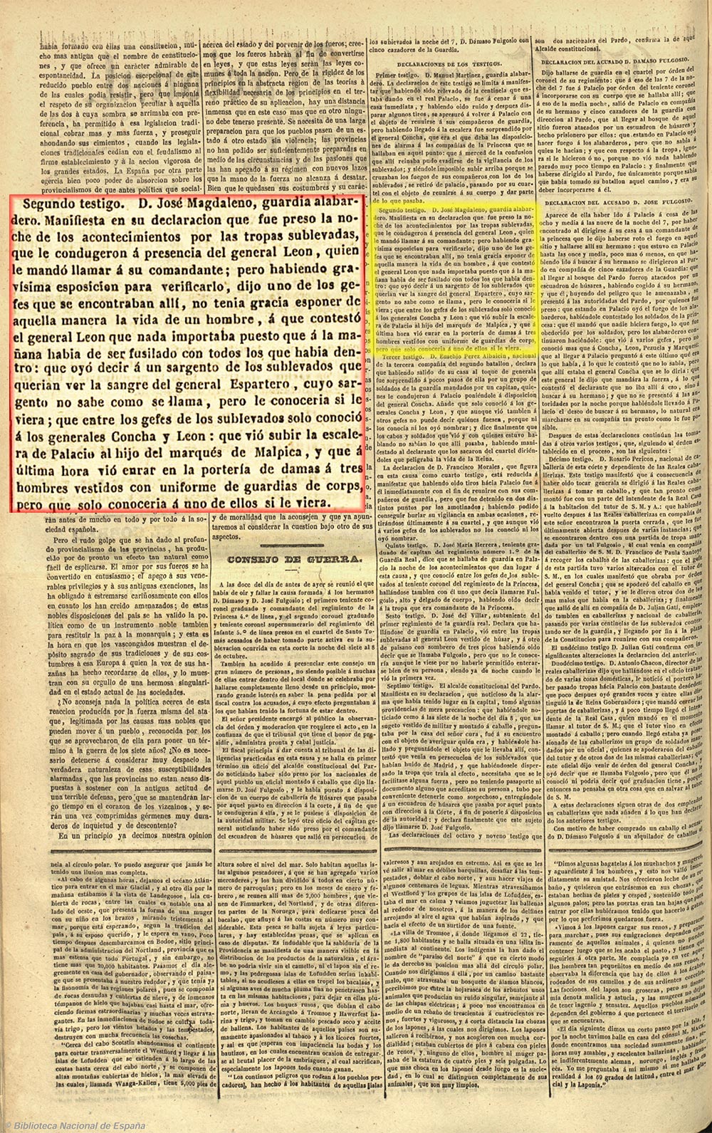 Consejo de guerra sobre la causa de D. Dámaso y D. José Fulgosio sobre los sucesos del 7 de octubre (asalto al Palacio Real). El correo nacional 1-11-1841, página 1/2 Consejo de guerra sobre la causa de D. Dámaso y D. José Fulgosio sobre los sucesos del 7 de octubre (asalto al Palacio Real). El correo nacional 1-11-1841, página 1/2