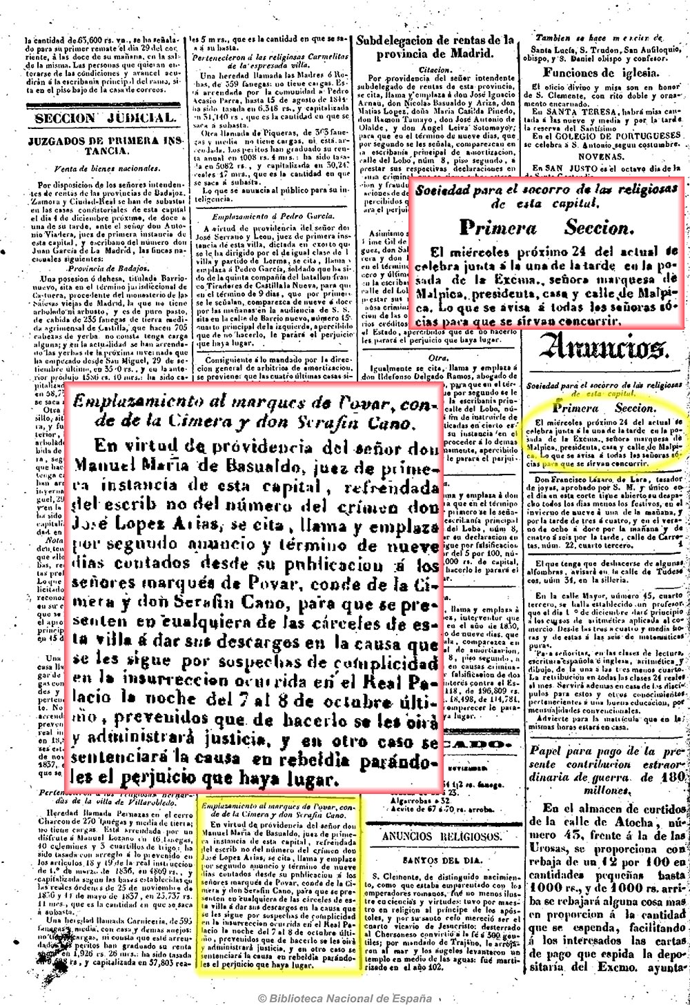 Emplazamiento al marqués de Povar para declarar sobre los sucesosdel 7 de octubre (asalto al Palacio Real) y anuncio-convocatoria de una junta de la primera sección de la Sociedad de Socorro de la religiosas de Madrid Emplazamiento al marqués de Povar para declarar sobre los sucesosdel 7 de octubre (asalto al Palacio Real) y anuncio-convocatoria de una junta de la primera sección de la Sociedad de Socorro de la religiosas de Madrid