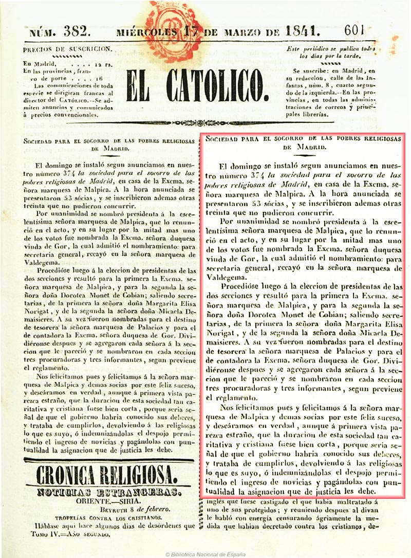 Instalación de la Sociedad para el socorro de las pobres monjas de Madrid en casa de la marquesa de Malpica, 17 de marzo de 1841 Instalación de la Sociedad para el socorro de las pobres monjas de Madrid en casa de la marquesa de Malpica, 17 de marzo de 1841