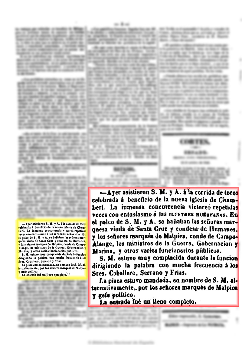 La Posdata 13/10/1843, página 4, la reina y su hermana en una corrida de toros La Posdata 13/10/1843, página 4, la reina y su hermana en una corrida de toros