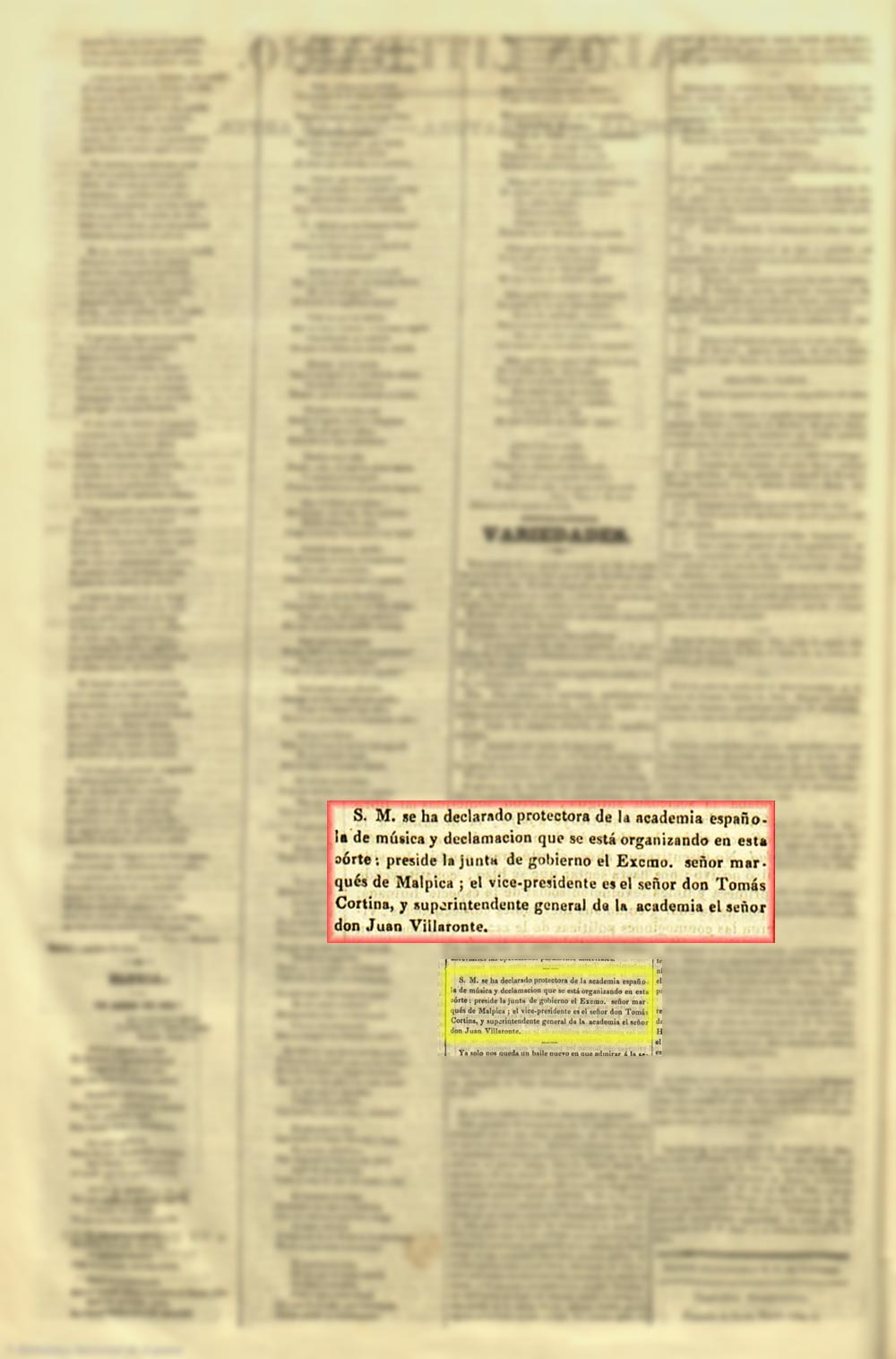El Corresponsal 28/1/1844, página 4. Organización para la creación de una academia de canto y declamación El Corresponsal 28/1/1844, página 4. Organización para la creación de una academia de canto y declamación