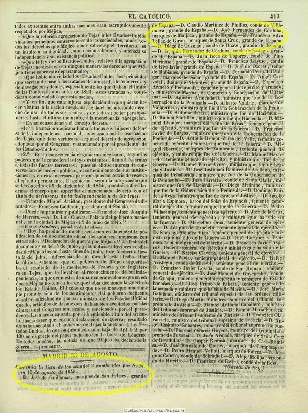 El Católico 23/8/1845. Nombramiento de senadores vitalicios El Católico 23/8/1845. Nombramiento de senadores vitalicios