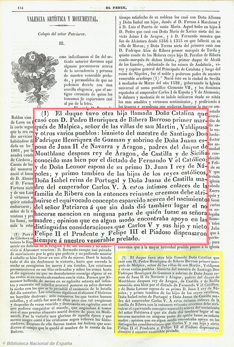 Entronque con, y genealogía de, el primer Marqués de Malpica. El Fénix 6/12/1846 Entronque con, y genealogía de, el primer Marqués de Malpica. El Fénix 6/12/1846