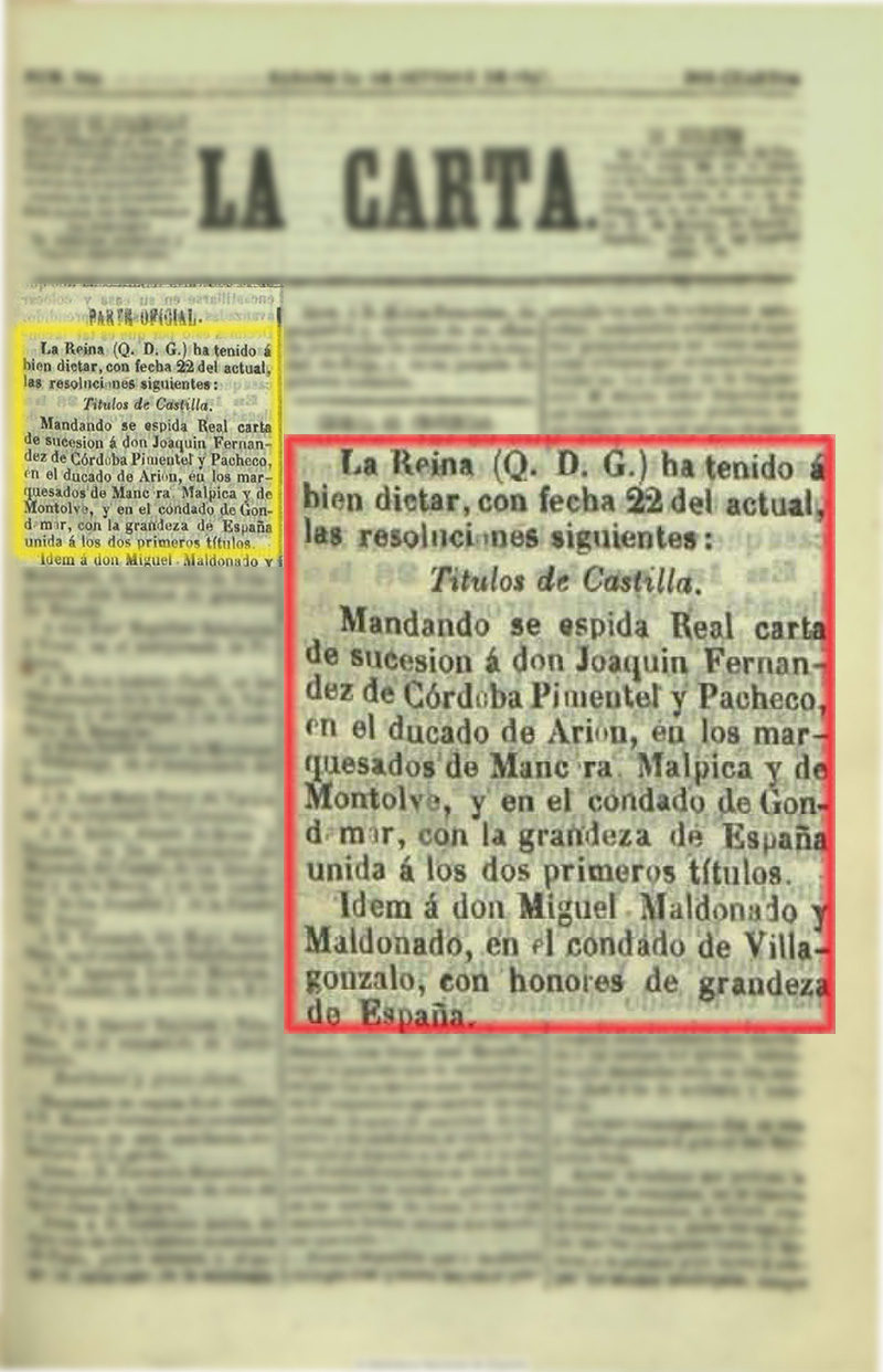 La Carta 30/10/1847. Carta de sucesión a favor de D. Joaquín Fernández de Córdoba y Pacheco La Carta 30/10/1847. Carta de sucesión a favor de D. Joaquín Fernández de Córdoba y Pacheco