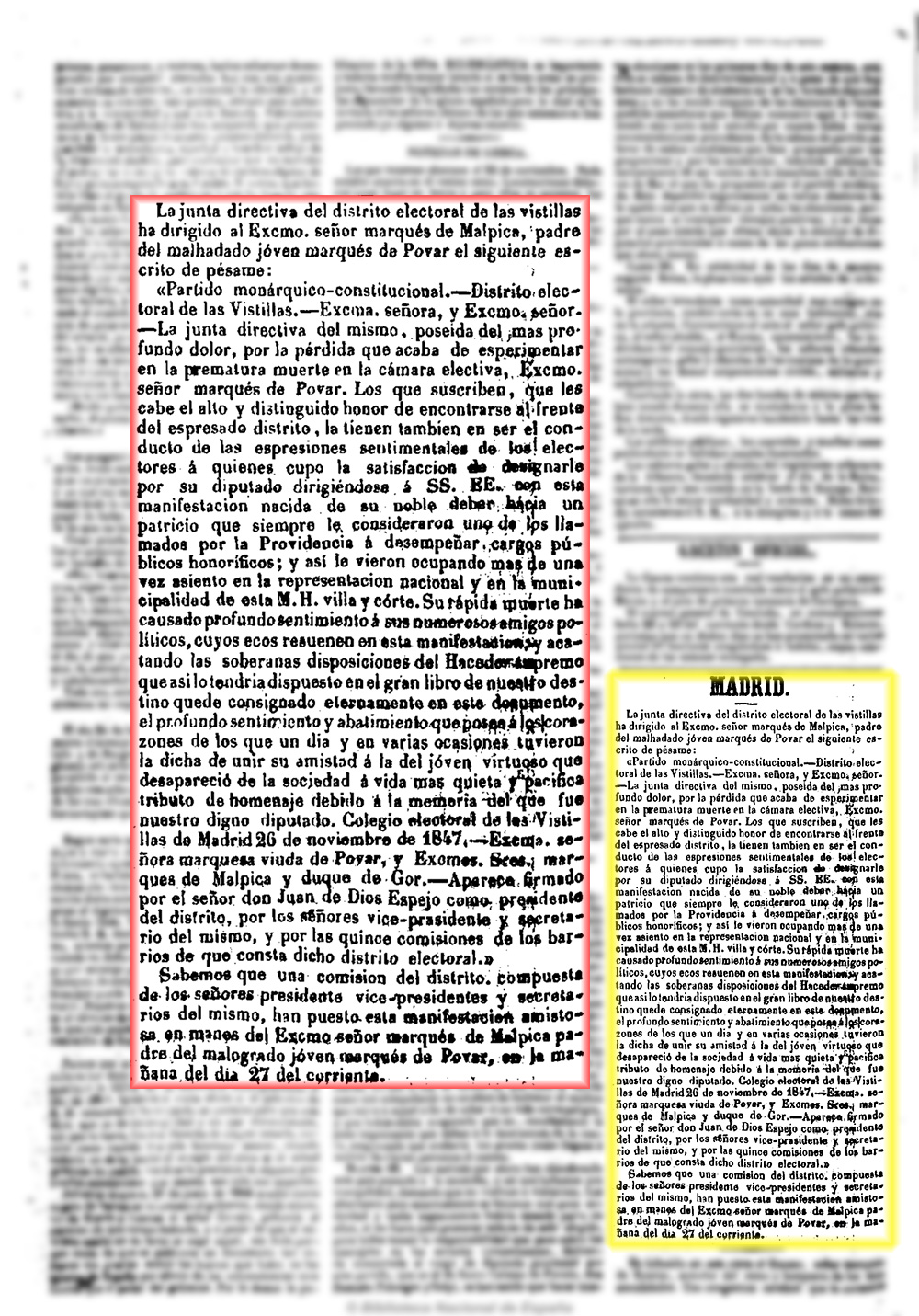El Popular 29/11/1847. Pésame por el fallecimiento del marqués de Povar El Popular 29/11/1847. Pésame por el fallecimiento del marqués de Povar