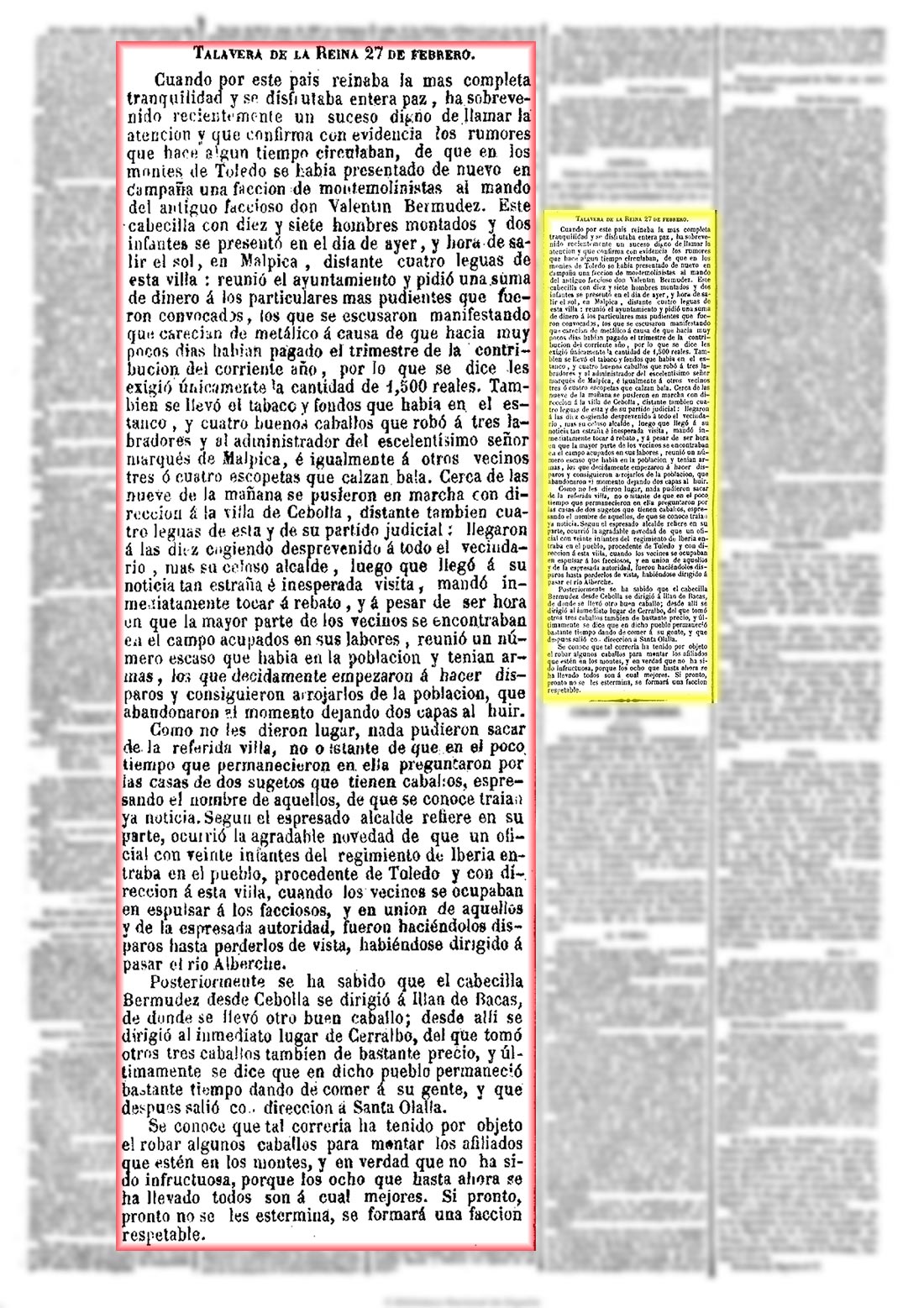 El Clamor público 3/3/1849. Segunda guerra carlista, incursión de una facción por los pueblos de los alrededores El Clamor público 3/3/1849. Segunda guerra carlista, incursión de una facción por los pueblos de los alrededores