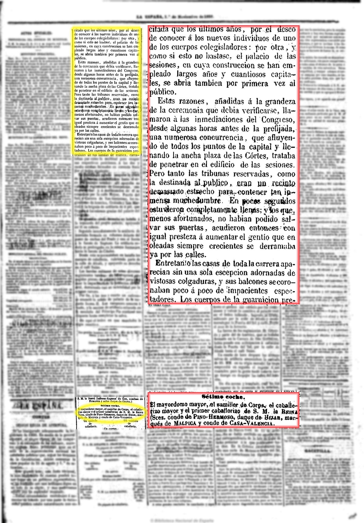 La España 1/11/1850, página 3. Inauguración del nuevo edificio de las Cortes. Apertura de la sesión de 1850 La España 1/11/1850, página 3. Inauguración del nuevo edificio de las Cortes. Apertura de la sesión de 1850