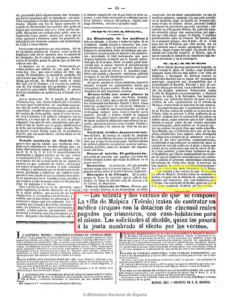 Boletín de medicina, cirugía y farmacia 23/2/1851. anuncio para el contrato de médico en Malpica Boletín de medicina, cirugía y farmacia 23/2/1851. anuncio para el contrato de médico en Malpica